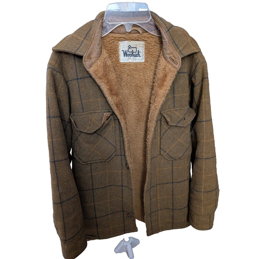 Vintage Woolrich Plaid Sherpa-Lined Jacket (Brown/Tan with Blue/Yellow Plaid)